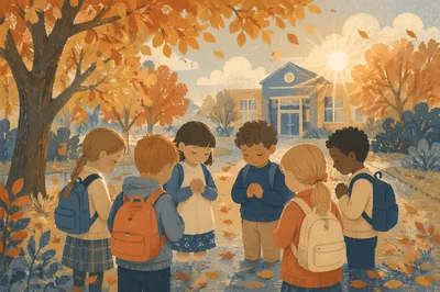Children Praying Before School in Autumn
