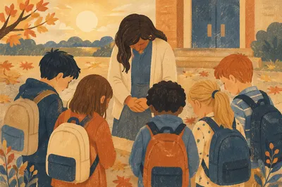 Children Praying Before School in Autumn