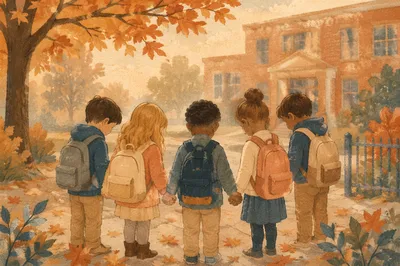 Children Praying Before School in Autumn