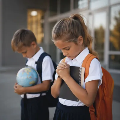 Children Praying Before School in Autumn