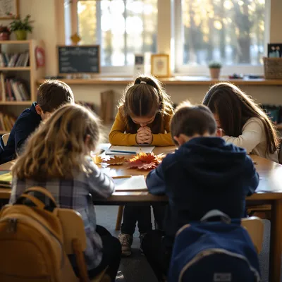 Children Praying Before School in Classroom