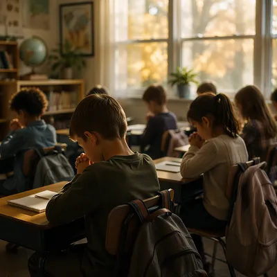 Children Praying Before School in Classroom