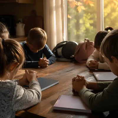 Children Praying Before School in Autumn Light