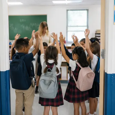 Children Praying at Classroom Doorway