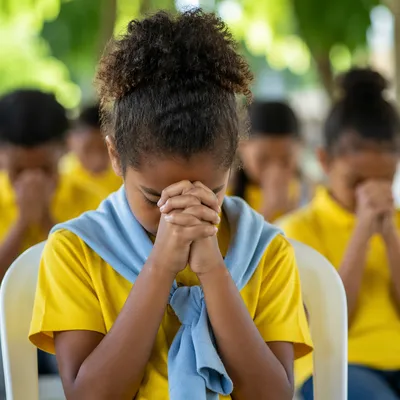 Children Praying Before School Outdoors