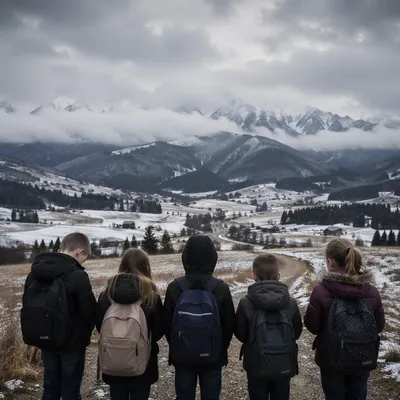 Children Praying Before School in Winter