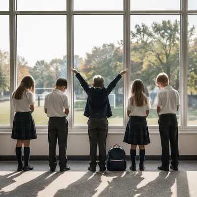 Children Praying Before School in Hallway