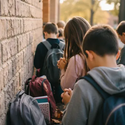 Children Praying at School in Autumn