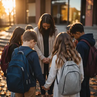 Children Praying Before School in Autumn