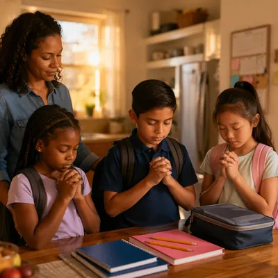 Children Praying Before School at Sunrise