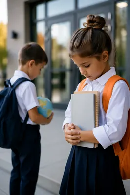 Children Praying Before School in Autumn