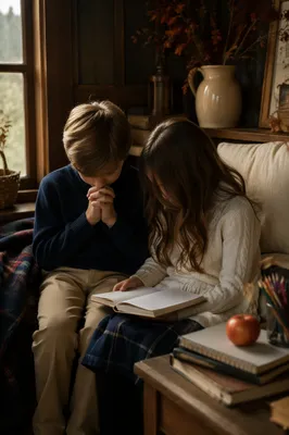 Children Praying Before School in Autumn