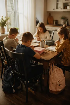Children Praying Before School at Kitchen Table