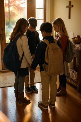 Children Praying Before School in Autumn