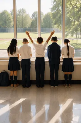 Children Praying Before School in Hallway