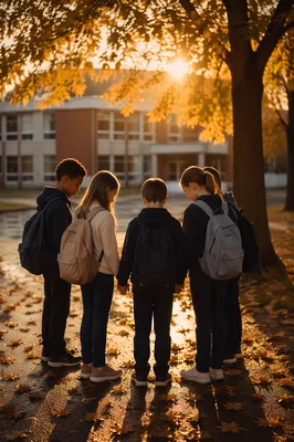 Children Praying Before School in Autumn