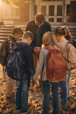 Children Praying Before School in Autumn