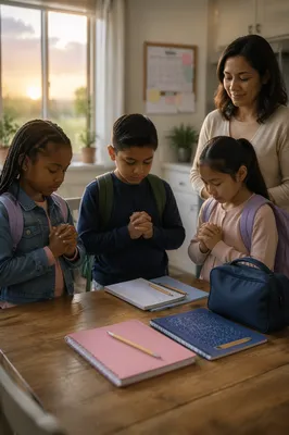 Children Praying Before School at Sunrise