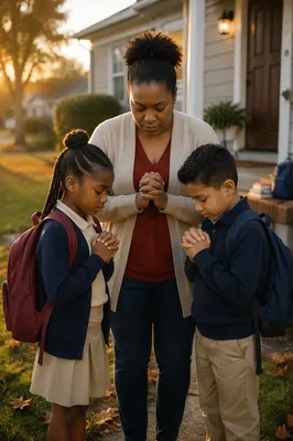 Family Praying Before School at Sunrise