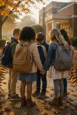 Children Praying Before School in Autumn