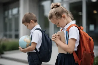 Children Praying Before School in Autumn