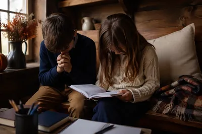 Children Praying Before School in Autumn