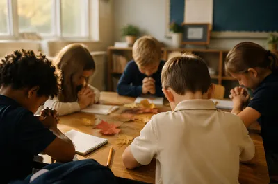 Children Praying Before School in Classroom