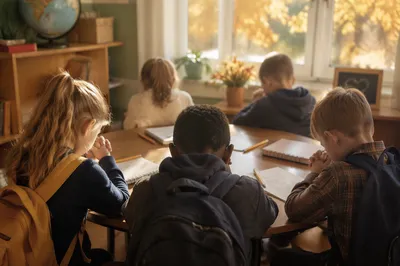 Children Praying Before School in Autumn Classroom