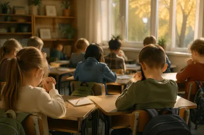 Children Praying in Warm Autumn Classroom