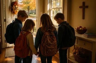 Children Praying Before School in Autumn