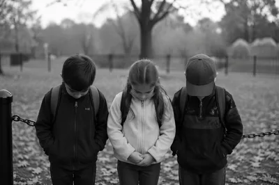 Children Praying Before School in Autumn