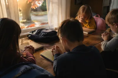 Children Praying Before School in Autumn