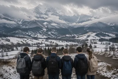 Children Praying Before School in Winter Valley