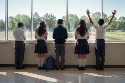 Children Praying Before School in Hallway
