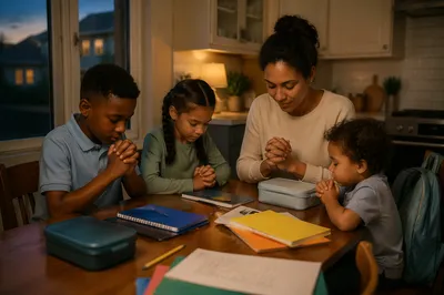Family Praying at Kitchen Table Before School