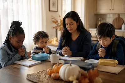 Mother and Children Praying Before School