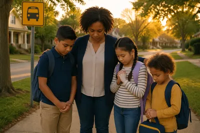 Family Prayer at School Bus Stop