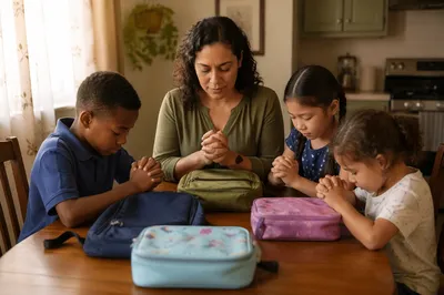 Family Prayer Before School in Kitchen