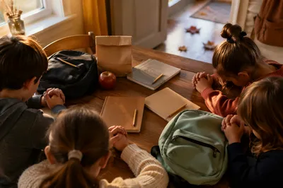 Children Praying Before School in Autumn