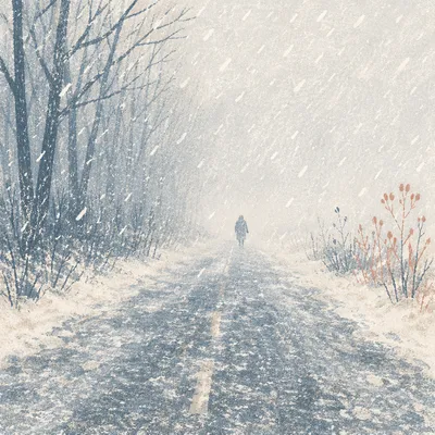 Lonely Blizzard Road in Winter Whiteout