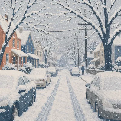 Quiet Residential Road in Winter Blizzard