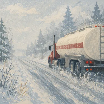 Blizzard Highway with Tanker Truck
