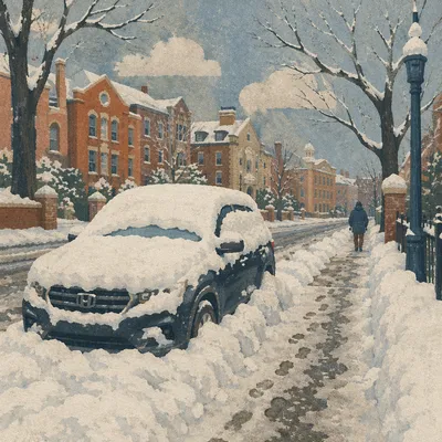 Blizzard Covered Winter Road and Parked SUV