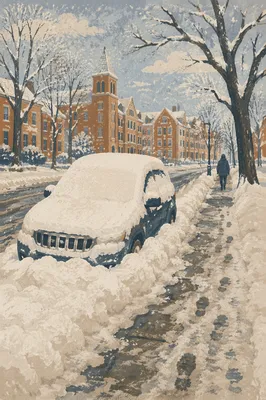Blizzard Covered Road With Snow Buried SUV