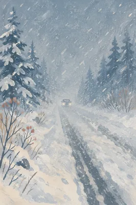 Blizzard Covered Rural Winter Road Scene