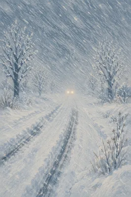 Blizzard Covered Rural Winter Road Scene