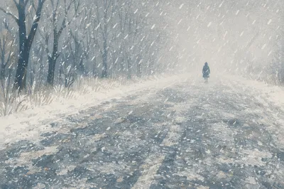 Lonely Blizzard Road in Winter Whiteout