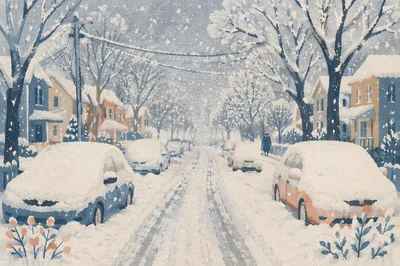Blizzard Covered Residential Road in Winter