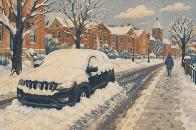 Blizzard Covered Road With Snow Buried SUV