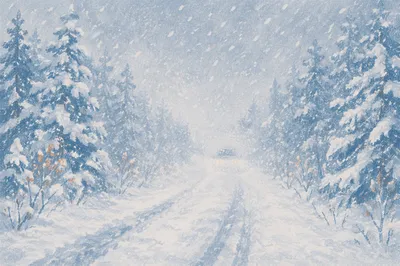 Blizzard Covered Rural Winter Road Scene